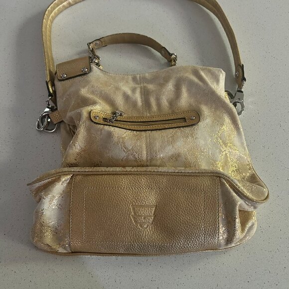 Kathy Van Zeeland Gold Metallic Shoulder Bag Studded Glam Purse Slouchy Tote Vtg - Picture 10 of 14